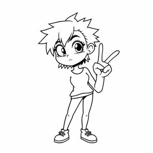 manga/anime style: a woman posing with one peace sign. her limps and head are exaggerated in a cartoonish manner, her eyes big, her hair is short and wild
