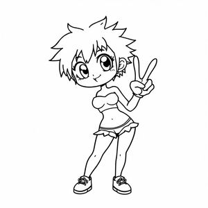 anime, panty&stocking: a woman posing with one peace sign. her limps and head are exaggerated in a cartoonish manner, her eyes big, her hair is short and wild
