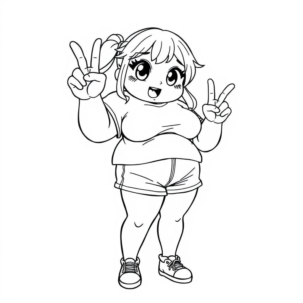 anime/manga style: an overweight woman posing with one peace sign. her limps and head are exaggerated in a cartoonish manner, her eyes big, bold lines. the woman is wearing a crop top and shorts, with stockings
