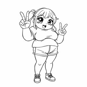 anime/manga style: an overweight woman posing with one peace sign. her limps and head are exaggerated in a cartoonish manner, her eyes big, bold lines. the woman is wearing a crop top and shorts, with stockings
