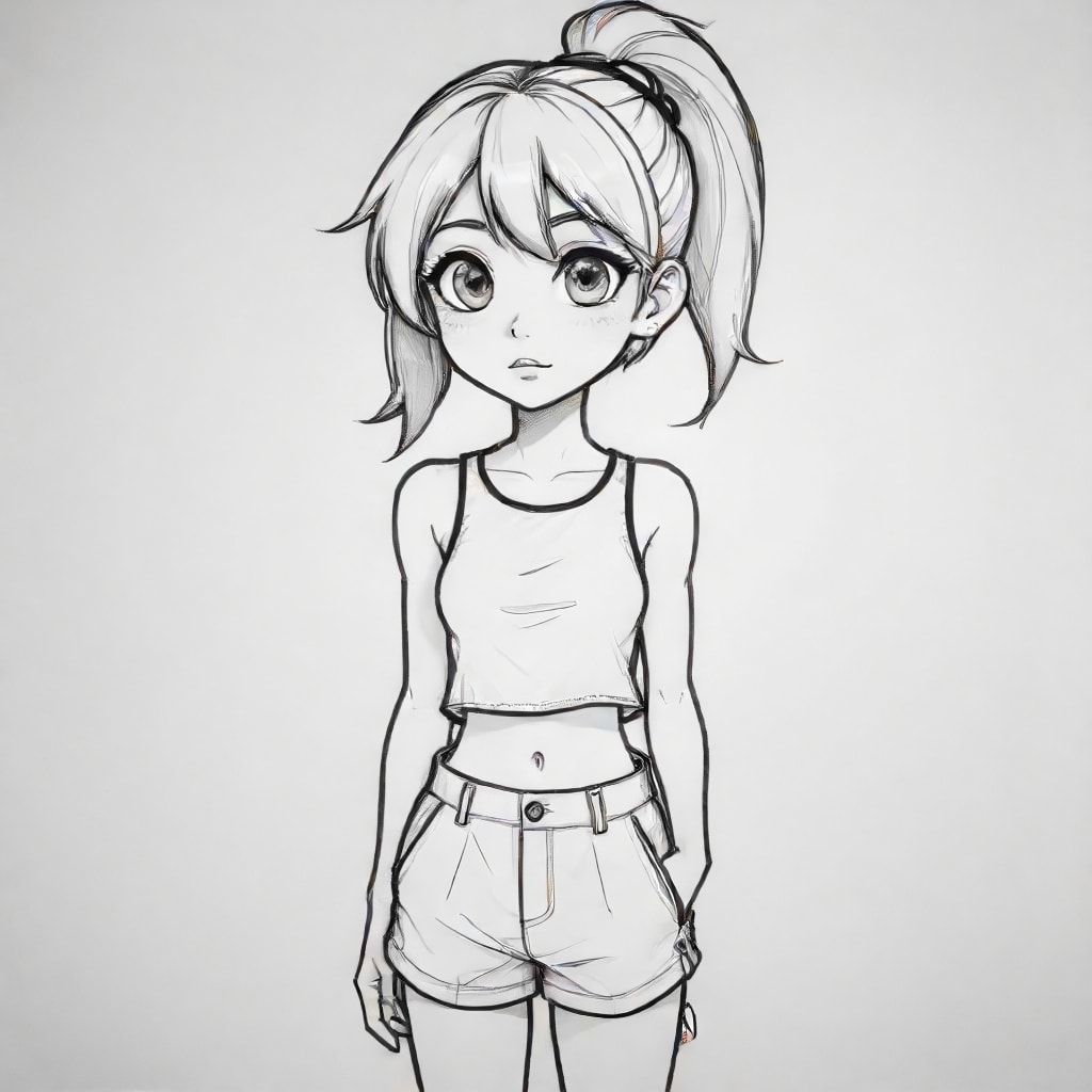 anime/manga style: a woman posing. her limps and head are exaggerated in a cartoonish manner, her eyes big, bold lines. the woman is wearing a crop top and shorts, with stockings
