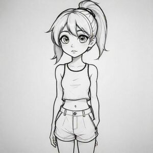 anime/manga style: a woman posing. her limps and head are exaggerated in a cartoonish manner, her eyes big, bold lines. the woman is wearing a crop top and shorts, with stockings
