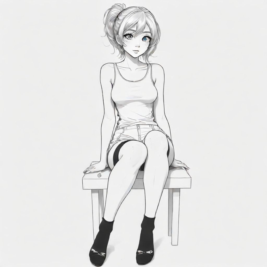 anime/manga style: a woman sitting, her limps and head are exaggerated in a cartoonish manner, her eyes big, bold lines. the woman is wearing a tank top and shorts, with stockings that reaches her upper thigh
