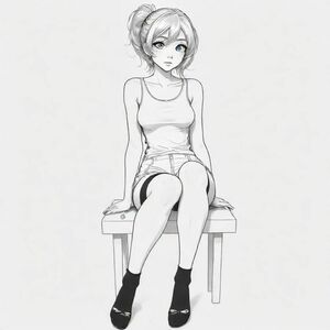 anime/manga style: a woman sitting, her limps and head are exaggerated in a cartoonish manner, her eyes big, bold lines. the woman is wearing a tank top and shorts, with stockings that reaches her upper thigh
