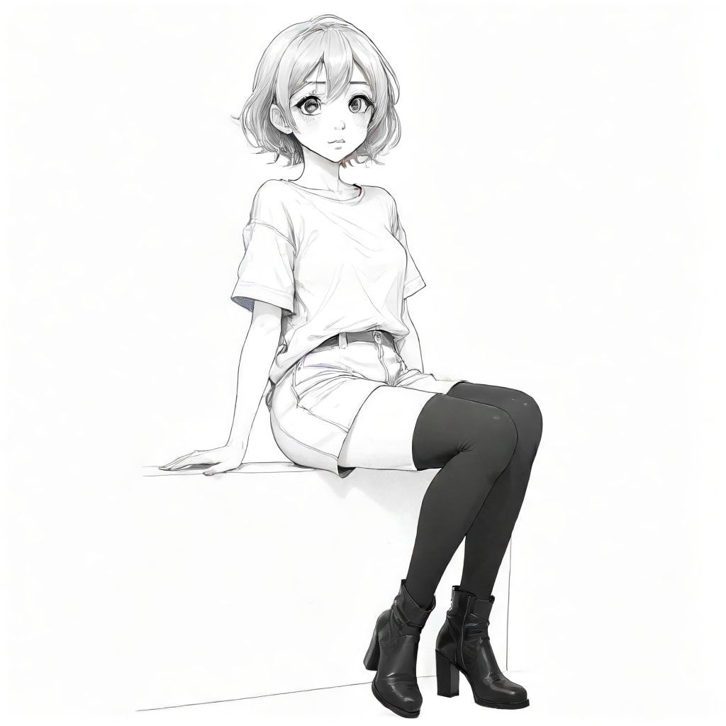 anime/manga style: a woman sitting side-ways, her limps and head are exaggerated in a cartoonish manner, her eyes big, bold lines. the woman is wearing a top and shorts, with stockings that reaches her upper thighs and large boots
