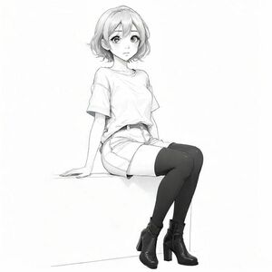 anime/manga style: a woman sitting side-ways, her limps and head are exaggerated in a cartoonish manner, her eyes big, bold lines. the woman is wearing a top and shorts, with stockings that reaches her upper thighs and large boots
