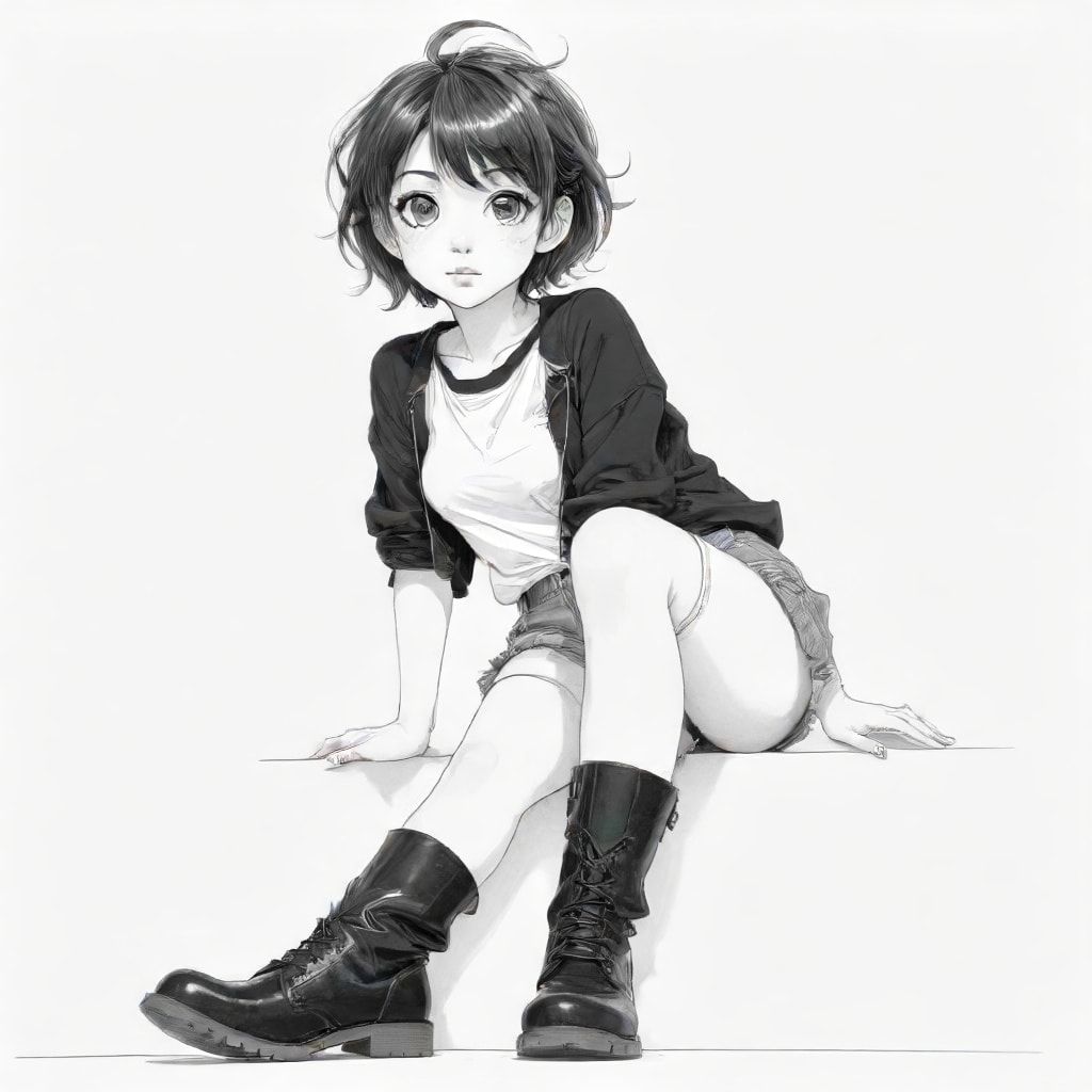 anime/manga style: a woman sitting side-ways, her head are huge, her eyes big, bold lines. the woman is wearing a top and shorts, with stockings that reaches her upper thighs and large boots
