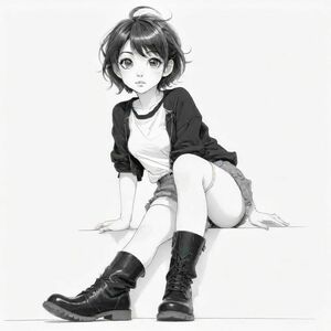 anime/manga style: a woman sitting side-ways, her head are huge, her eyes big, bold lines. the woman is wearing a top and shorts, with stockings that reaches her upper thighs and large boots
