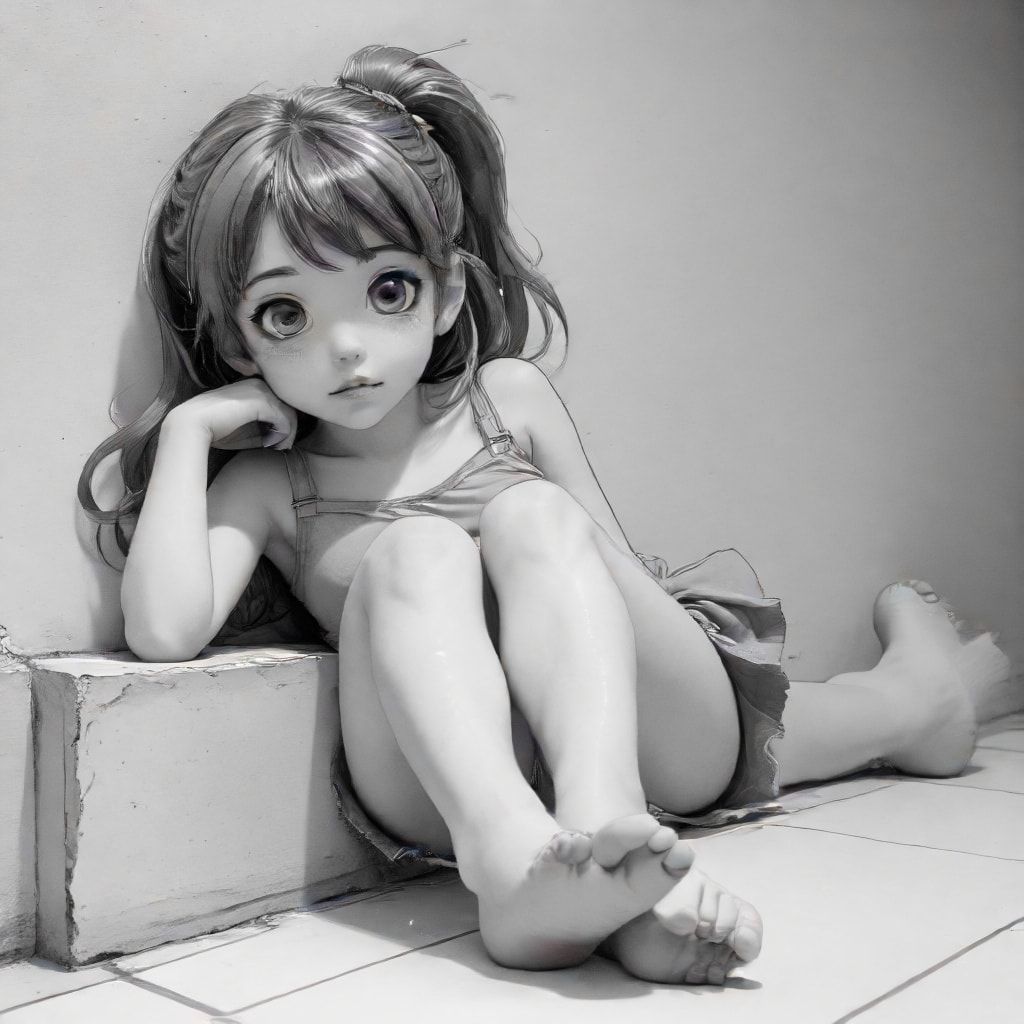 anime/manga style: a woman laying down, her feet resting against a wall, her head are huge, her eyes big, bold lines. the woman is wearing a top and shorts, with stockings that reaches her upper thighs and large boots
