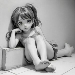 anime/manga style: a woman laying down, her feet resting against a wall, her head are huge, her eyes big, bold lines. the woman is wearing a top and shorts, with stockings that reaches her upper thighs and large boots
