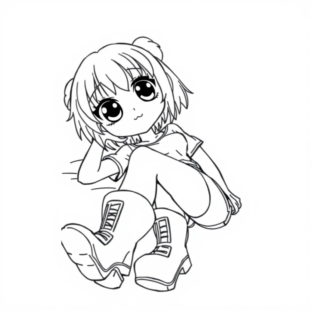 anime/manga style: a woman laying down, her head are huge, her eyes big, bold lines. the woman is wearing a top and shorts, with stockings that reaches her upper thighs and large boots
