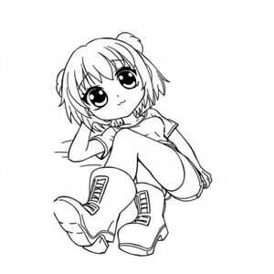 anime/manga style: a woman laying down, her head are huge, her eyes big, bold lines. the woman is wearing a top and shorts, with stockings that reaches her upper thighs and large boots
