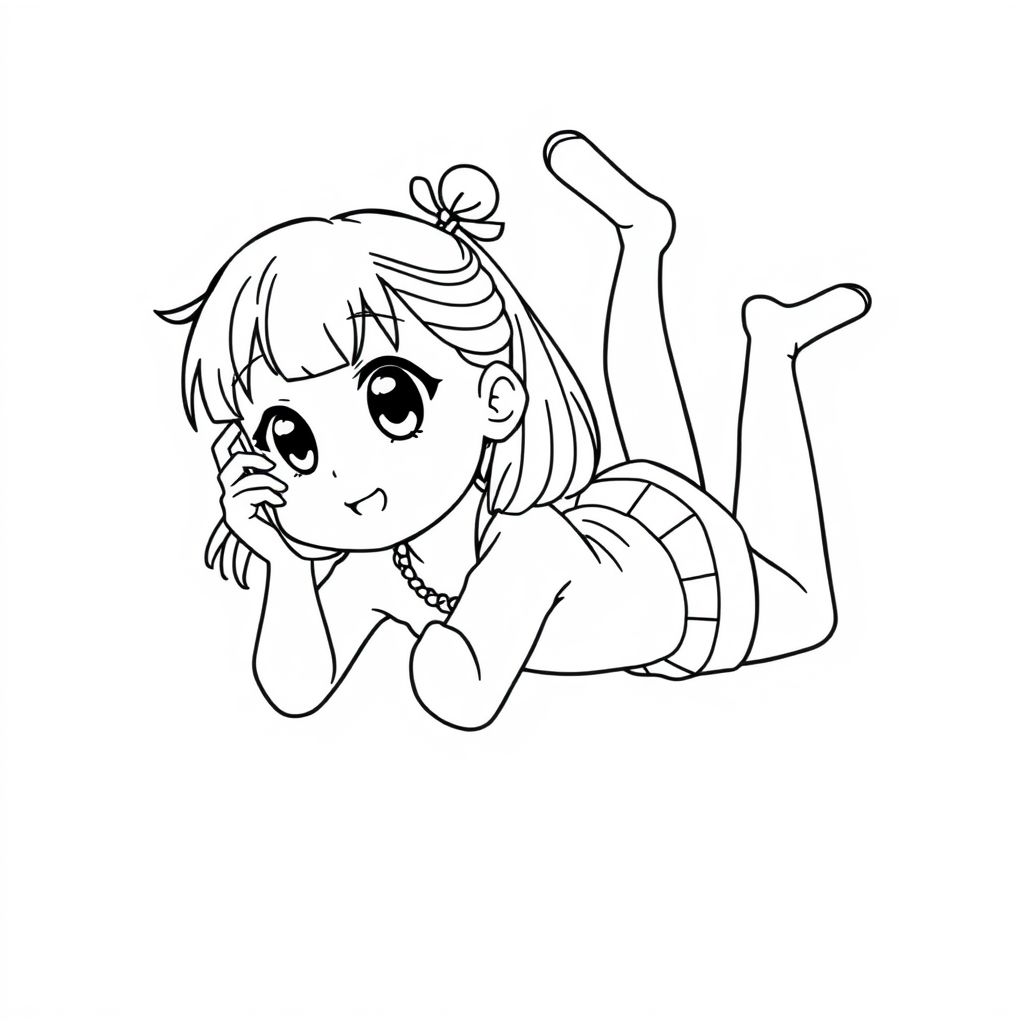 anime/manga style: a woman laying down on her stomach, swaying her legs in the air as she talks on the phone her head are huge, her eyes big, bold lines. 
