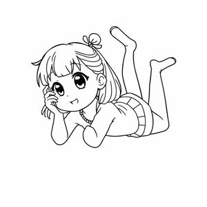 anime/manga style: a woman laying down on her stomach, swaying her legs in the air as she talks on the phone her head are huge, her eyes big, bold lines. 
