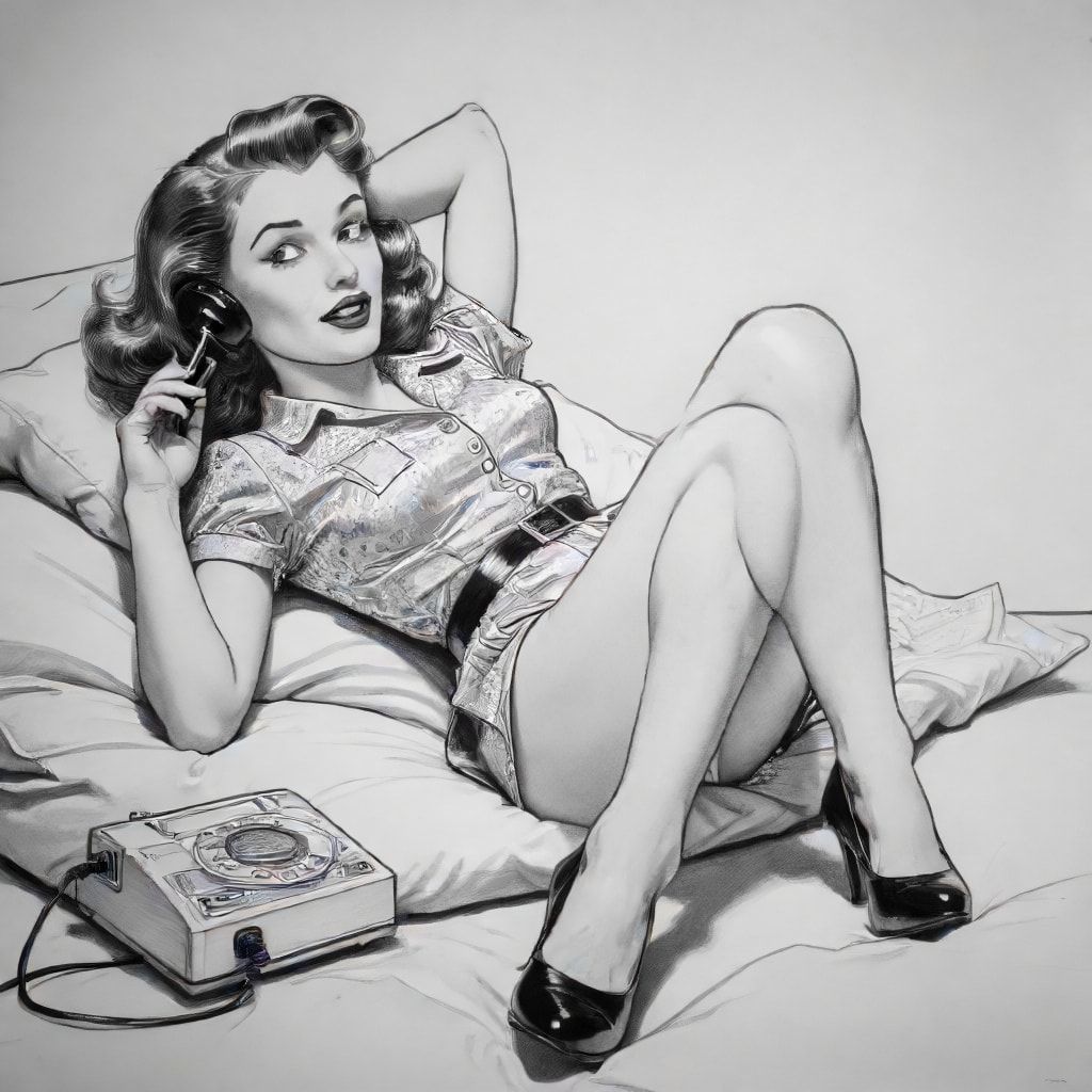 1950s comic book style: a woman laying down on her stomach, swaying her legs in the air as she talks on the phone. bold lines. 
