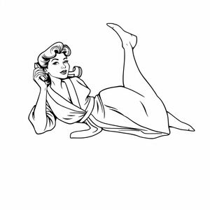 1950s comic book style: a woman laying down on her stomach, swaying her legs in the air as she talks on the phone. she is wearing an elegant robe. bold lines. 
