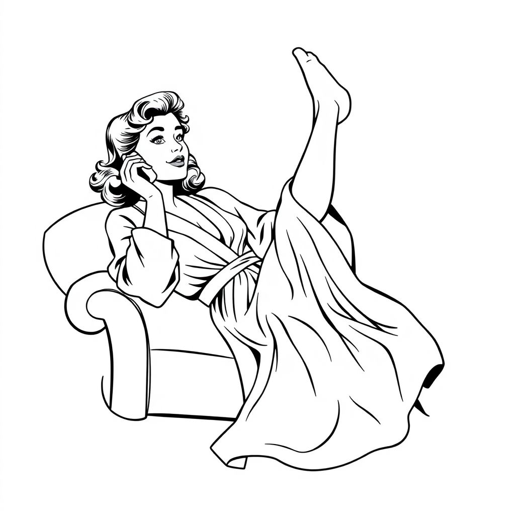 1950s comic book style: a woman laying down, swaying her legs in the air and her face restong in the palm of her hand as she talks on the phone. she is wearing an elegant robe. bold lines. 
