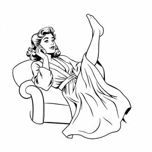 1950s comic book style: a woman laying down, swaying her legs in the air and her face restong in the palm of her hand as she talks on the phone. she is wearing an elegant robe. bold lines. 

