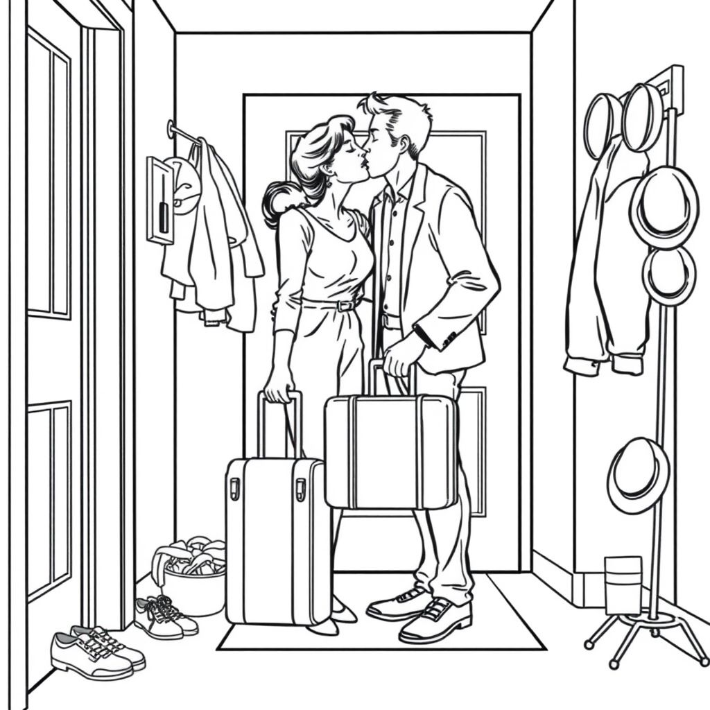 1950s comic book style: a woman kissing her husband as he leaves for work, passing him a suitcase as they both stand in the hall near the front door. the area is clean. shoes off to the side, coats hung up, hats are on the rack, everything in its place
