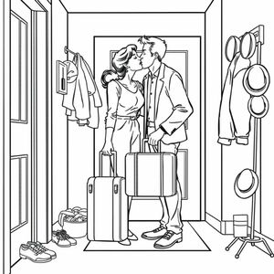 1950s comic book style: a woman kissing her husband as he leaves for work, passing him a suitcase as they both stand in the hall near the front door. the area is clean. shoes off to the side, coats hung up, hats are on the rack, everything in its place
