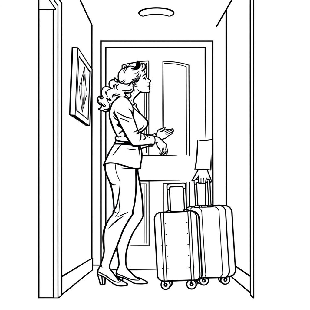 1950s comic book style: a woman kissing her husband as he leaves for work, passing him a suitcase as they both stand in the hall near the front door.
