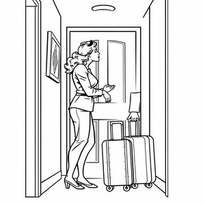1950s comic book style: a woman kissing her husband as he leaves for work, passing him a suitcase as they both stand in the hall near the front door.
