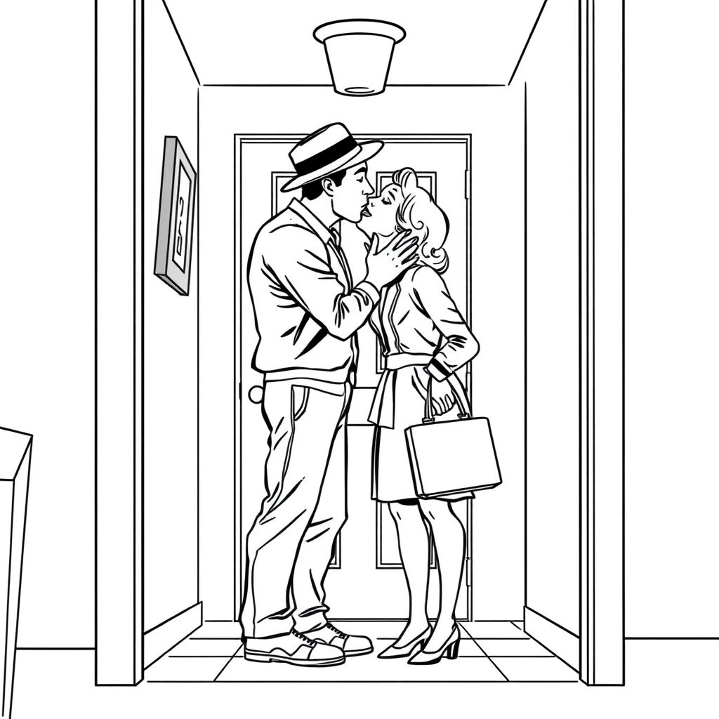 1950s comic book style: a woman kissing her husband as he leaves for work, as they both stand in the hall near the front door.
