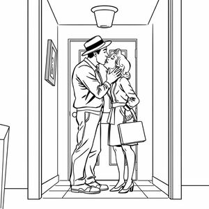 1950s comic book style: a woman kissing her husband as he leaves for work, as they both stand in the hall near the front door.
