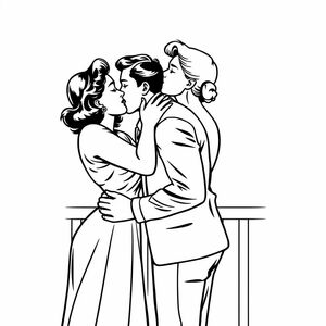 1950s comic book style: a woman kissing her husband and then a another woman as her husband looks on
