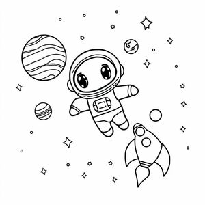  không gian, phong cách hoạt hình, phi hành gia chibi, tàu vũ trụ, ngôi sao, hành tinh, đường nét đậm