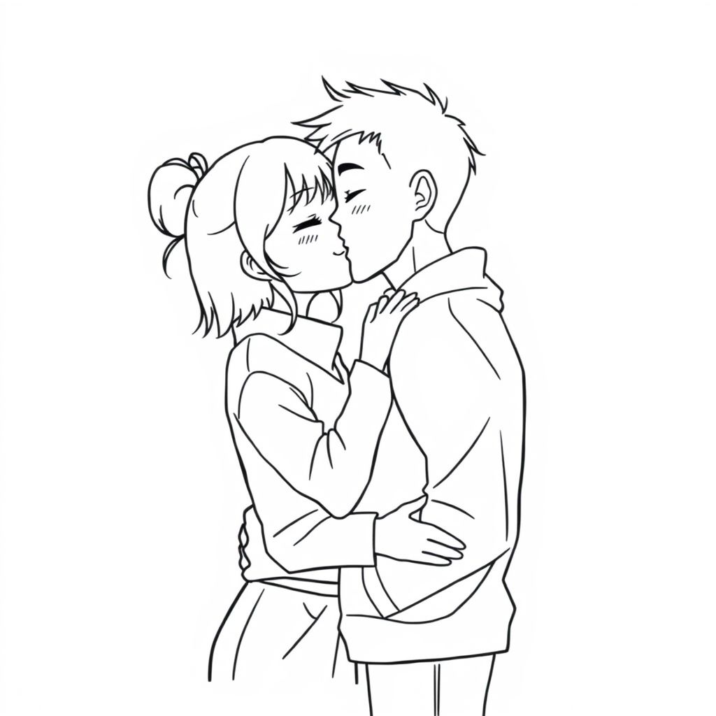  woman, anime/manga style, kissing her husband 