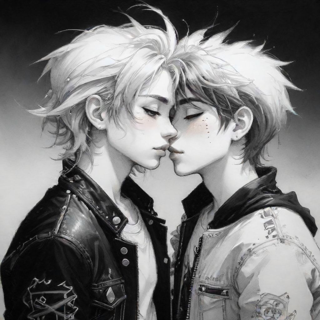  Một người phụ nữ xinh đẹp, theo phong cách anime / manga, hôn bạn trai đen tối hơn của cô ấy, người ăn mặc nhiều hơn như một punk