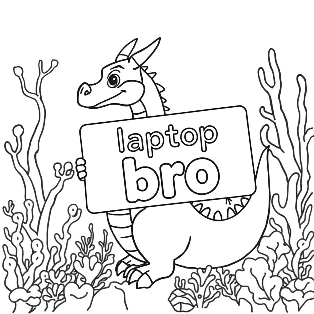 Một cái nhìn hồ sơ của một con rồng thân thiện, cầm một tấm biển có chữ "laptop bro" được viết bằng chữ bong bóng màu trắng, trong hồ sơ, trong vương quốc rạn san hô dưới nước, phong cách siêu thực