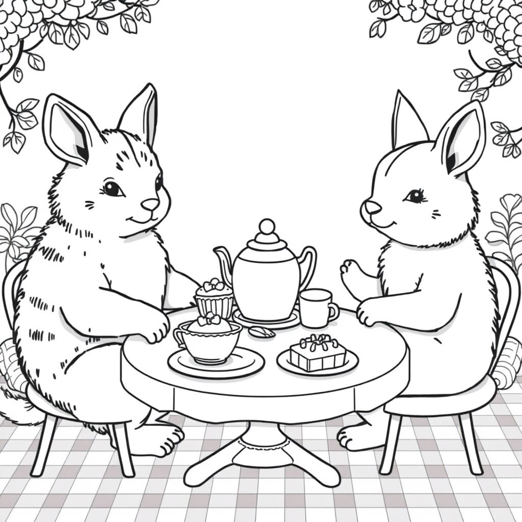 These animals are depicted in delightful settings such as:

Sharing a tea party with cakes, pastries, and teapots on checkered tablecloths