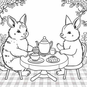 These animals are depicted in delightful settings such as:

Sharing a tea party with cakes, pastries, and teapots on checkered tablecloths