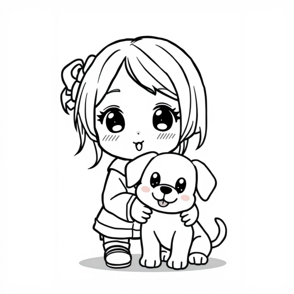 kawaii, chibi girl with her puppy, bold lines, kids cartoon, Sanrio style, anime/managa