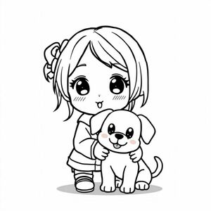 kawaii, chibi girl with her puppy, bold lines, kids cartoon, Sanrio style, anime/managa