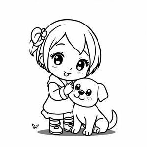 kawaii, chibi girl petting a dog bold lines, kids cartoon, Sanrio style, anime/managa