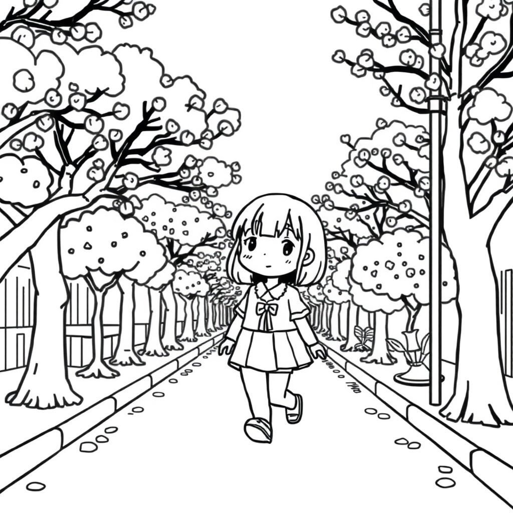 kawaii, chibi girl walk down the street that is lined with trees, cherry blossoms, cherry trees, bold lines, kids cartoon, Sanrio style, anime/managa
