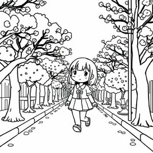 kawaii, chibi girl walk down the street that is lined with trees, cherry blossoms, cherry trees, bold lines, kids cartoon, Sanrio style, anime/managa