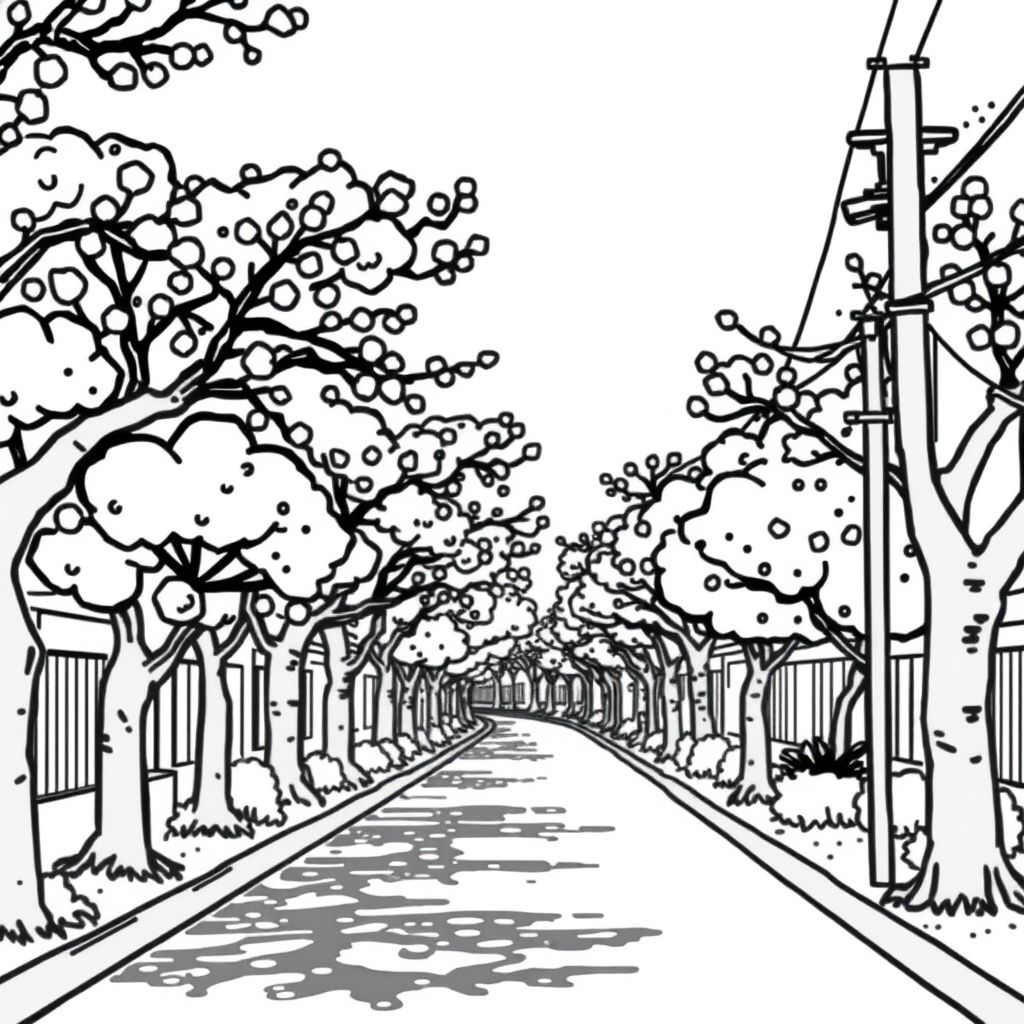 kawaii, a street that is lined with trees, cherry blossoms, cherry trees, bold lines/simplistic style, kids cartoon, Sanrio style, anime/managa