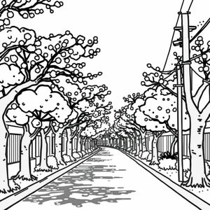 kawaii, a street that is lined with trees, cherry blossoms, cherry trees, bold lines/simplistic style, kids cartoon, Sanrio style, anime/managa