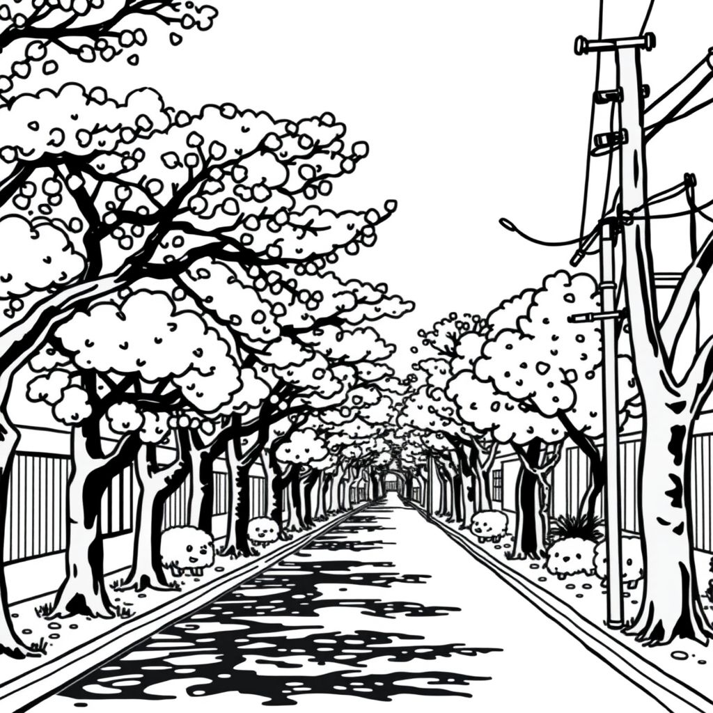 kawaii, a street that is lined with trees, cherry blossoms, cherry trees, bold lines/simplistic style, anime/managa