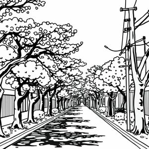 kawaii, a street that is lined with trees, cherry blossoms, cherry trees, bold lines/simplistic style, anime/managa