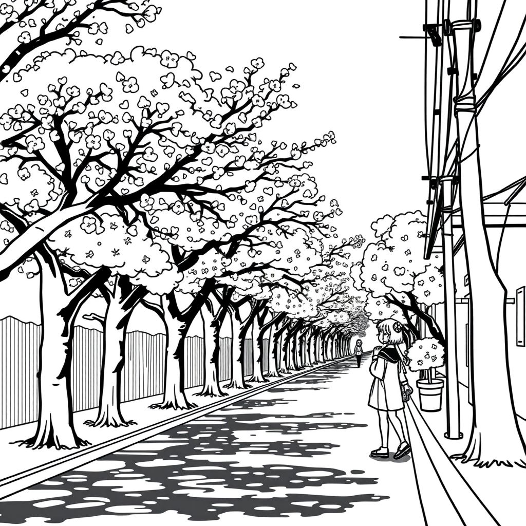  a street that is lined with trees, cherry blossoms, cherry trees, bold lines/simplistic style, anime/managa girl walking by