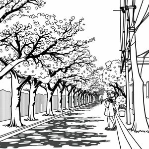  a street that is lined with trees, cherry blossoms, cherry trees, bold lines/simplistic style, anime/managa girl walking by