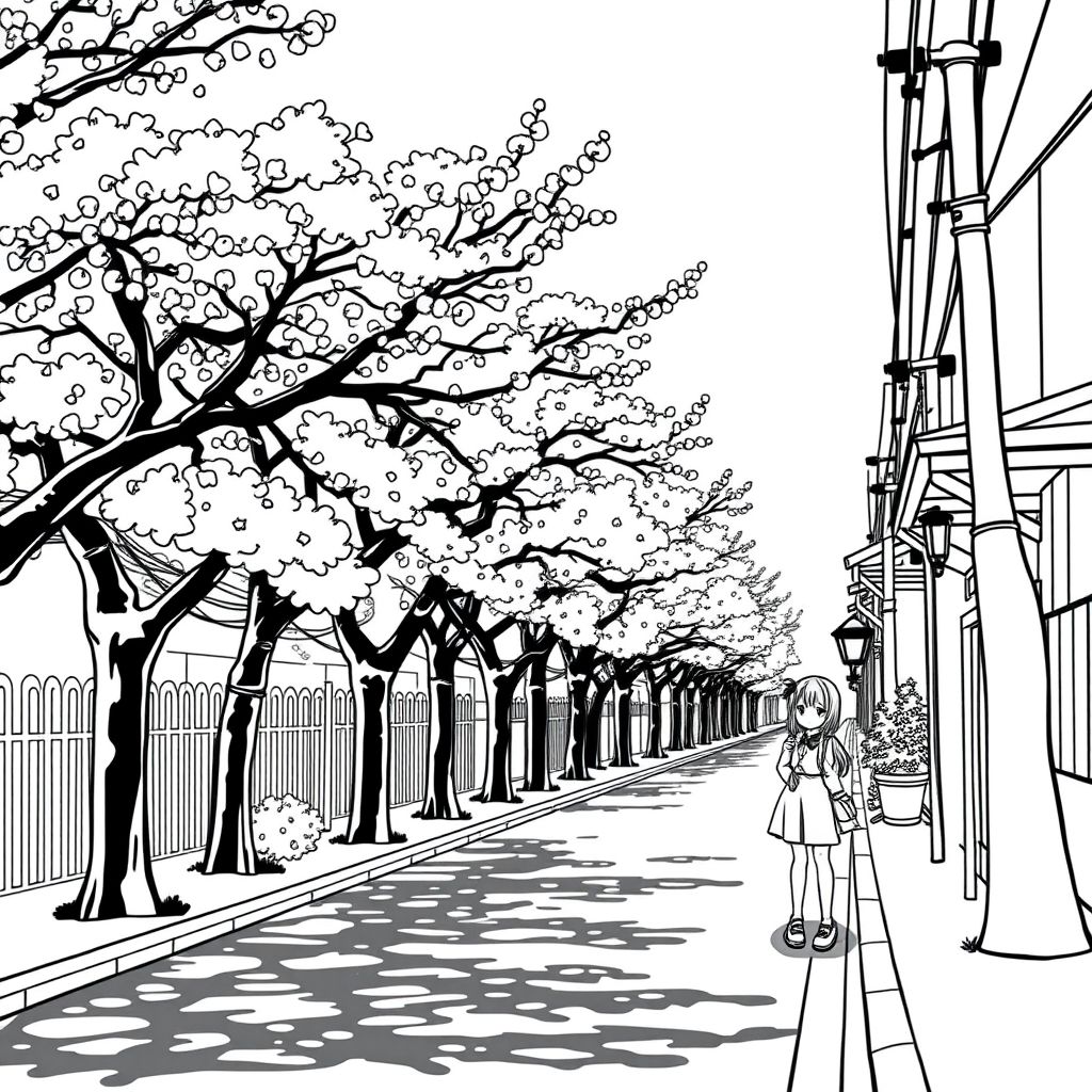  a street that is lined with trees on one side, cherry blossoms, cherry trees, bold lines/simplistic style, anime/managa girl walking by
