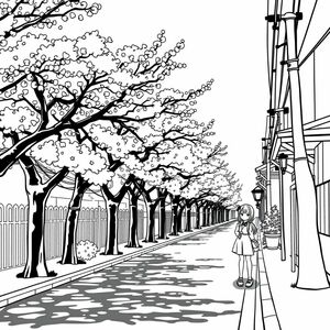  a street that is lined with trees on one side, cherry blossoms, cherry trees, bold lines/simplistic style, anime/managa girl walking by