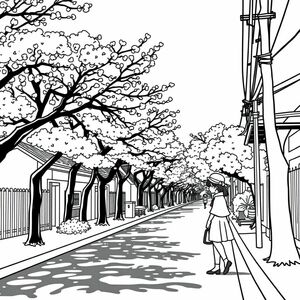  a street that is lined with trees on one side, cherry blossoms, cherry trees, bold lines/simplistic style, beautiful anime/managa girl is in the foreground 