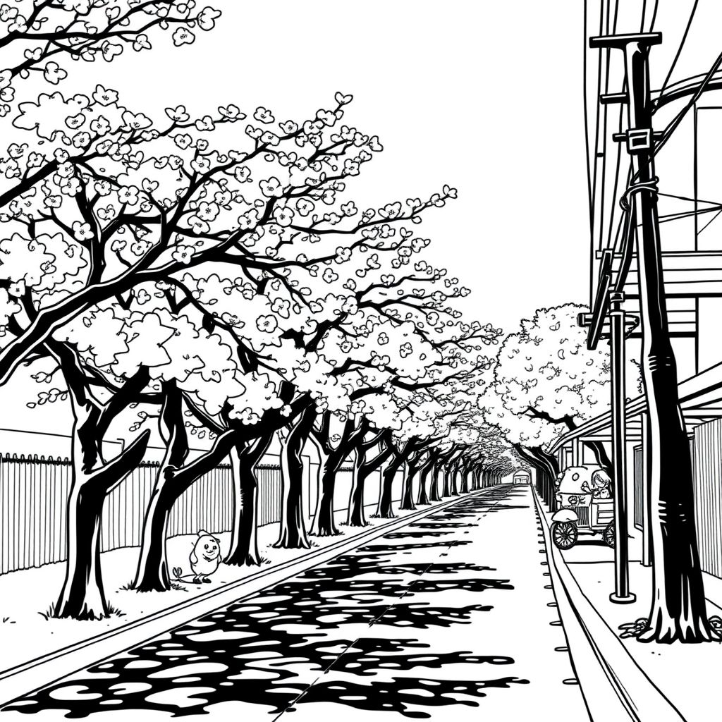  a street that is lined with trees on one side, cherry blossoms, cherry trees, bold lines/simplistic style, beautiful anime/managa style, fantasy 